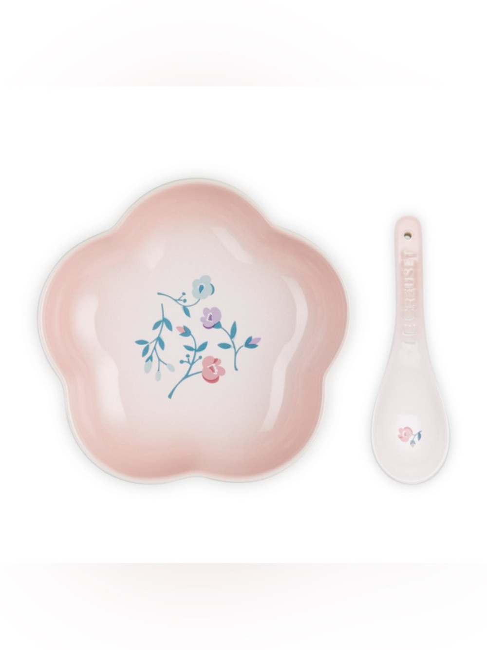 BNIB Le Creuset Petite Fleur Flower Dish with Spoon Set 16cm Shell Pink